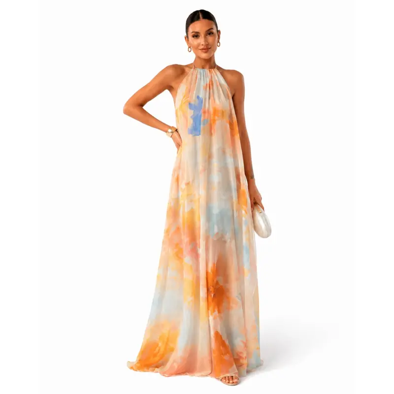 Tie Dye Chiffon Halter Neck Maxi Dress