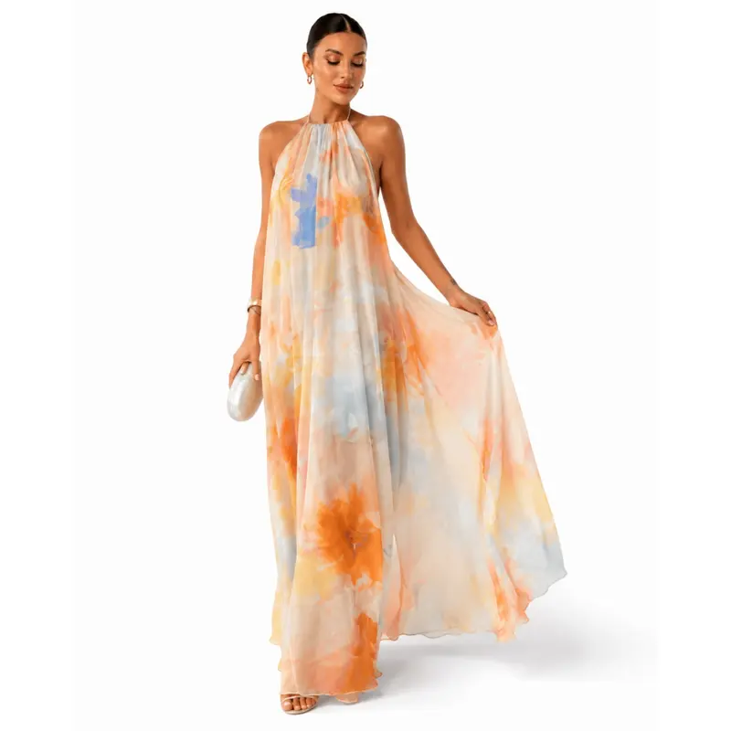 Tie Dye Chiffon Halter Neck Maxi Dress