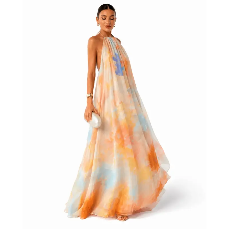 Tie Dye Chiffon Halter Neck Maxi Dress