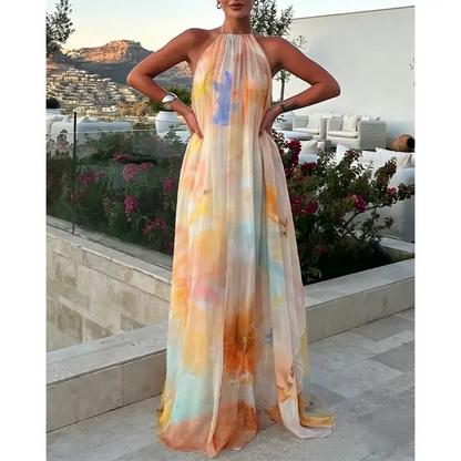 Tie Dye Chiffon Halter Neck Maxi Dress