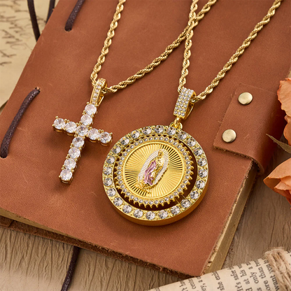 Rotating Our Lady of Guadalupe Medallion Necklace with Double Zircon Halo: A Reminder of Divine Grace