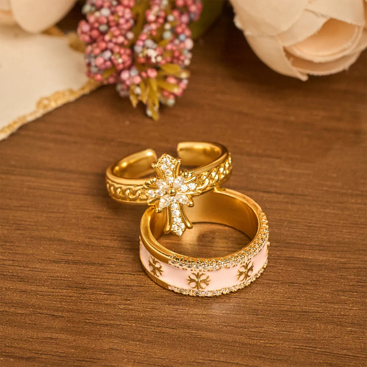 Zircon Cross Enamel Fleur-de-Lis Ring Set