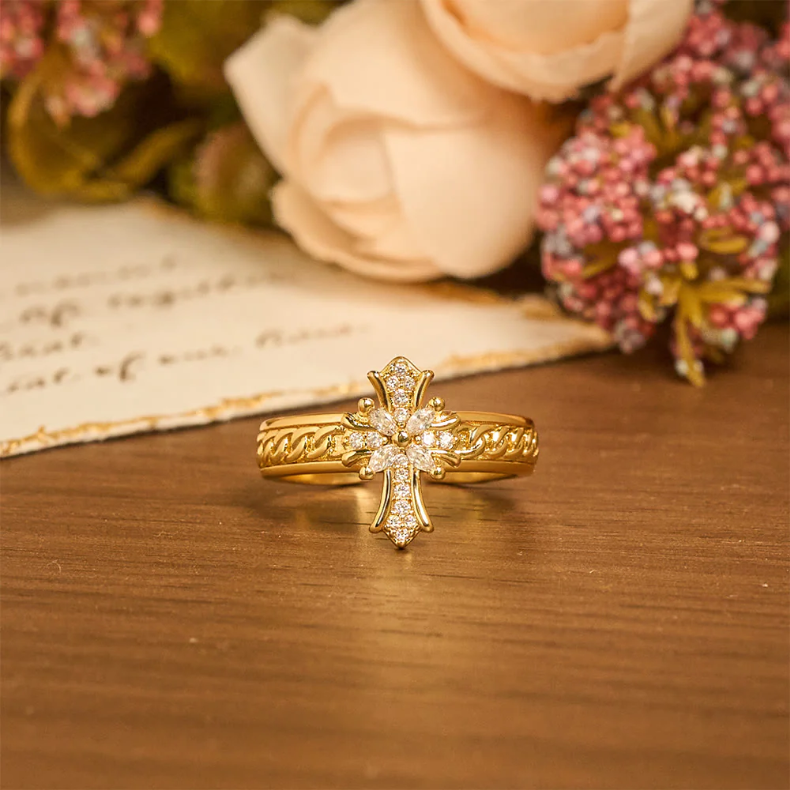 Zircon Cross Enamel Fleur-de-Lis Ring Set