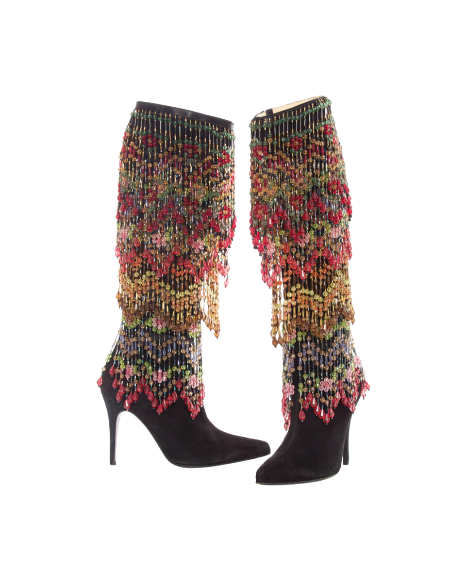 Black Suede Boots with Detachable Polychrome Beads