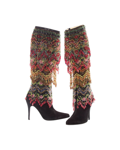 Black Suede Boots with Detachable Polychrome Beads