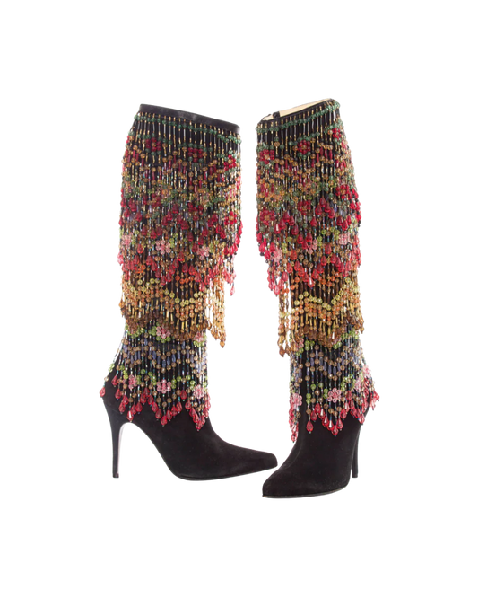 Black Suede Boots with Detachable Polychrome Beads