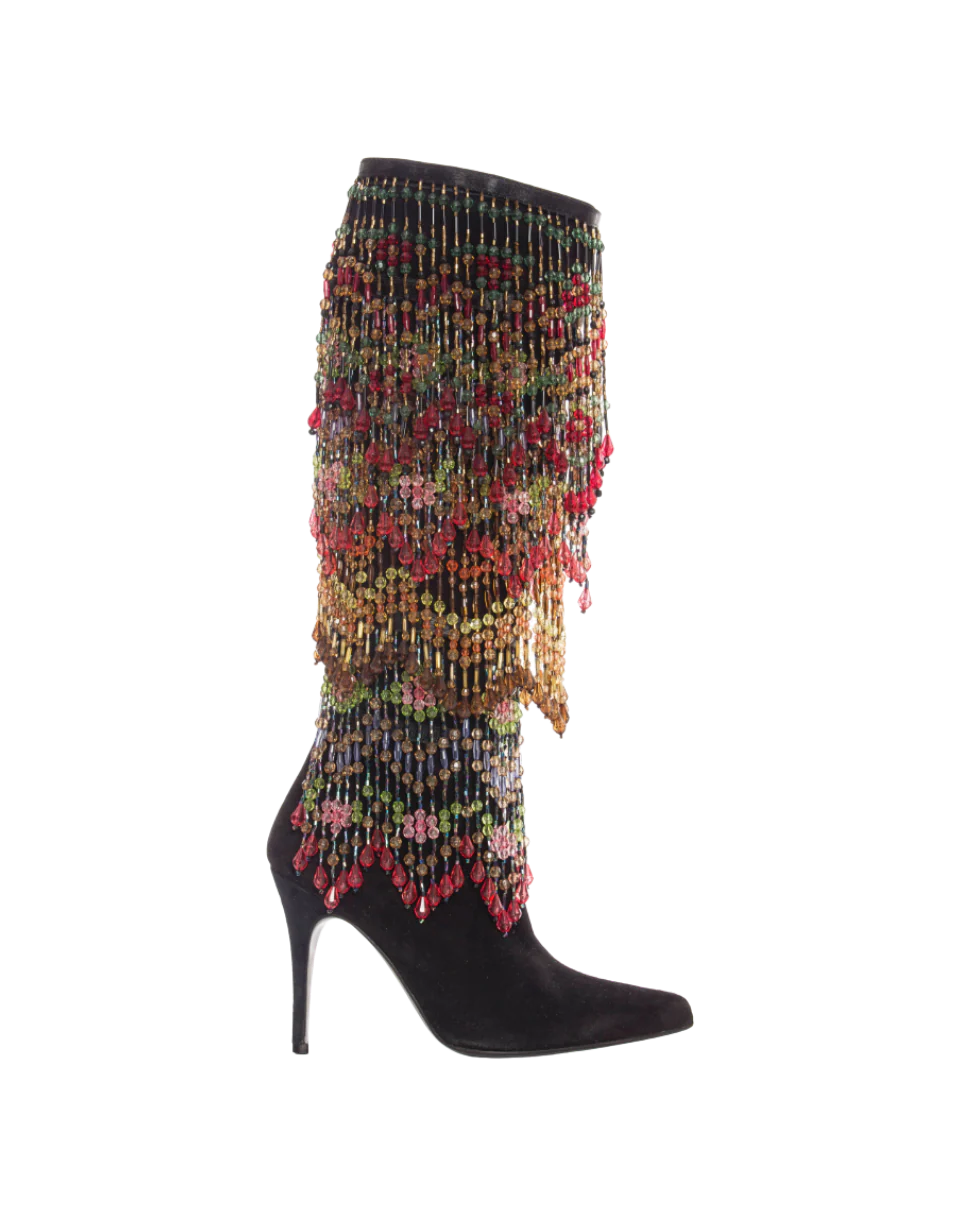 Black Suede Boots with Detachable Polychrome Beads