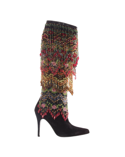 Black Suede Boots with Detachable Polychrome Beads