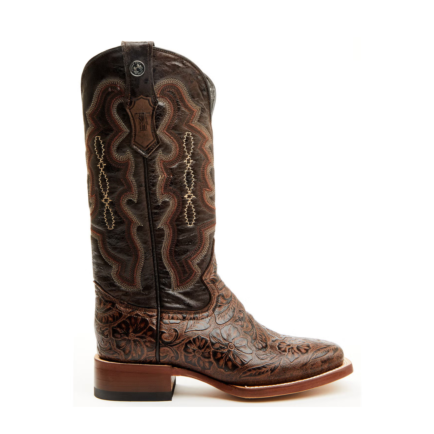 Women's Hand Tooled Floral Western Boots - Broad Square Toe