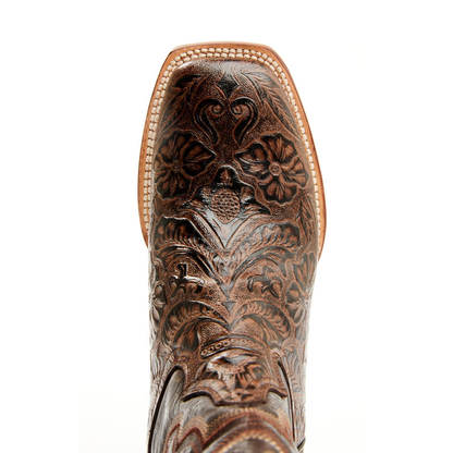 Women's Hand Tooled Floral Western Boots - Broad Square Toe