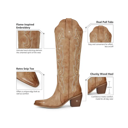 Knee High Cowboy Cowgirl Boots, Stylish Western Design with Chunky Heel