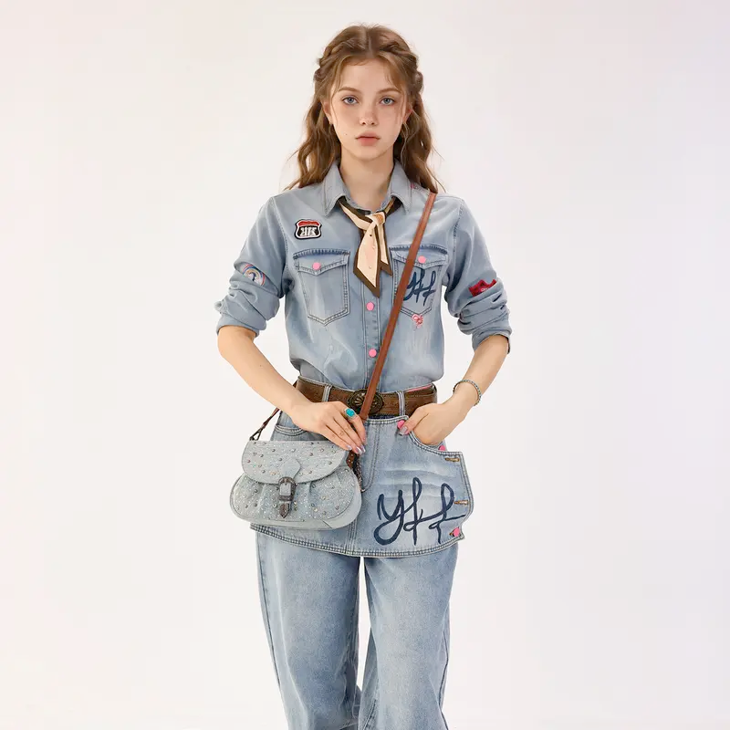 Rhinestone Denim Shoulder Bag for Women