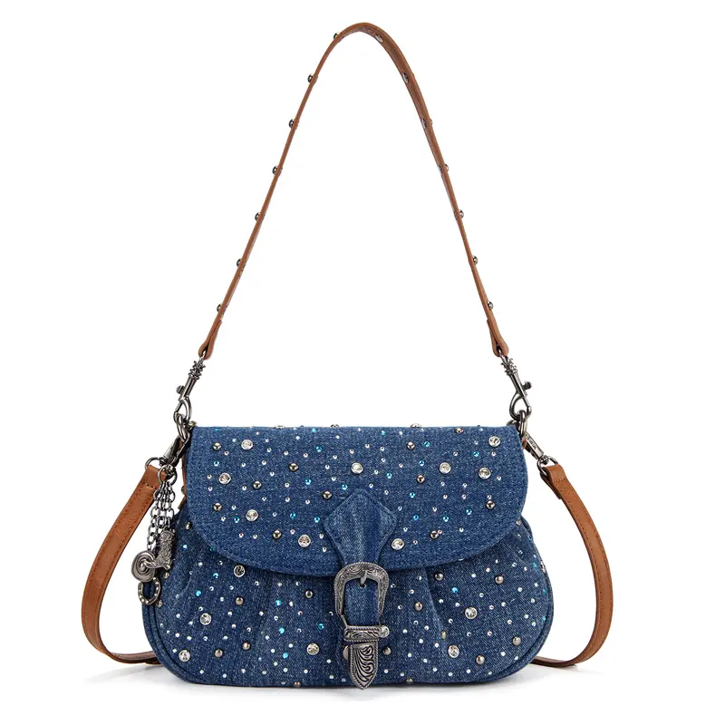 Rhinestone Denim Shoulder Bag for Women