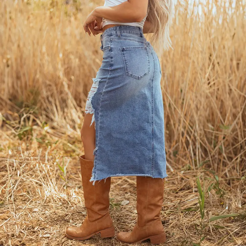 Women's Western-Style Midi Skirt – Asymmetric Slit, Distressed Details, and Raw Hem
