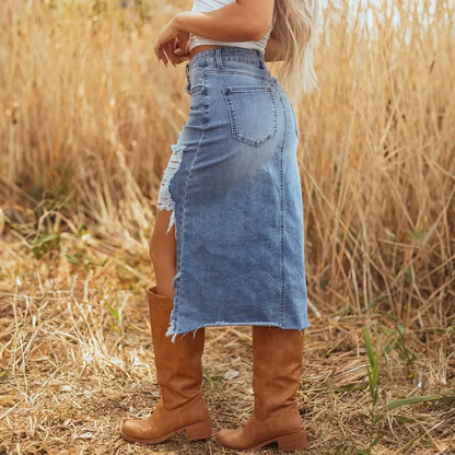 Women's Western-Style Midi Skirt – Asymmetric Slit, Distressed Details, and Raw Hem