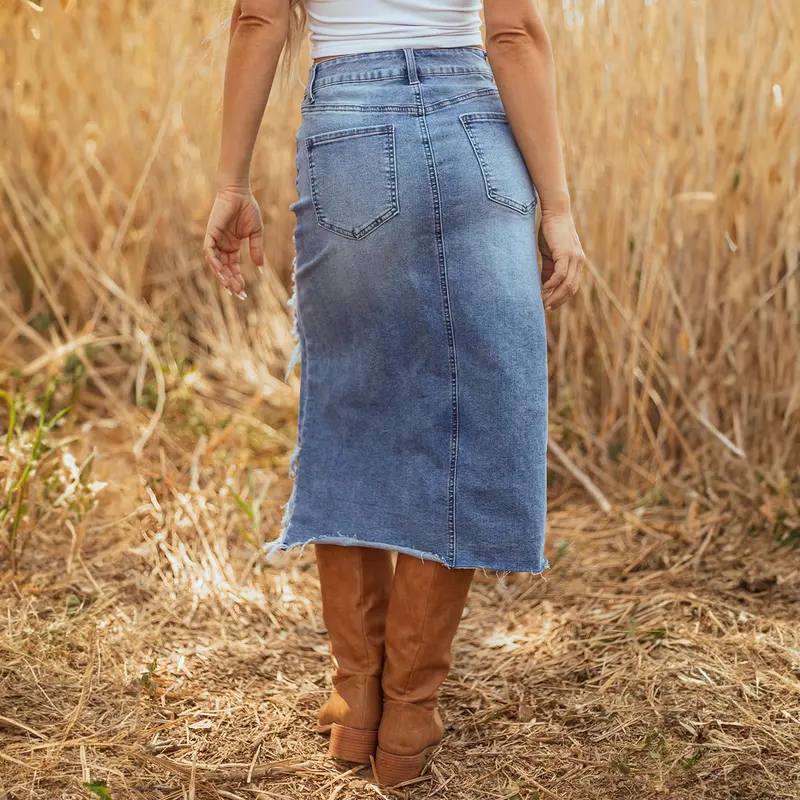 Women's Western-Style Midi Skirt – Asymmetric Slit, Distressed Details, and Raw Hem