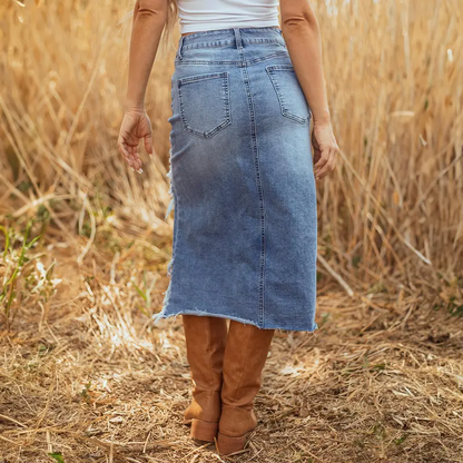 Women's Western-Style Midi Skirt – Asymmetric Slit, Distressed Details, and Raw Hem