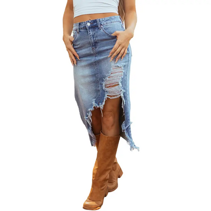 Women's Western-Style Midi Skirt – Asymmetric Slit, Distressed Details, and Raw Hem