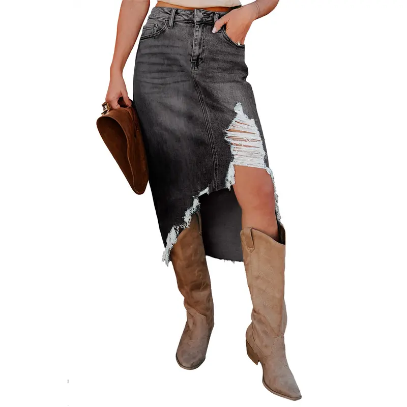 Women's Western-Style Midi Skirt – Asymmetric Slit, Distressed Details, and Raw Hem
