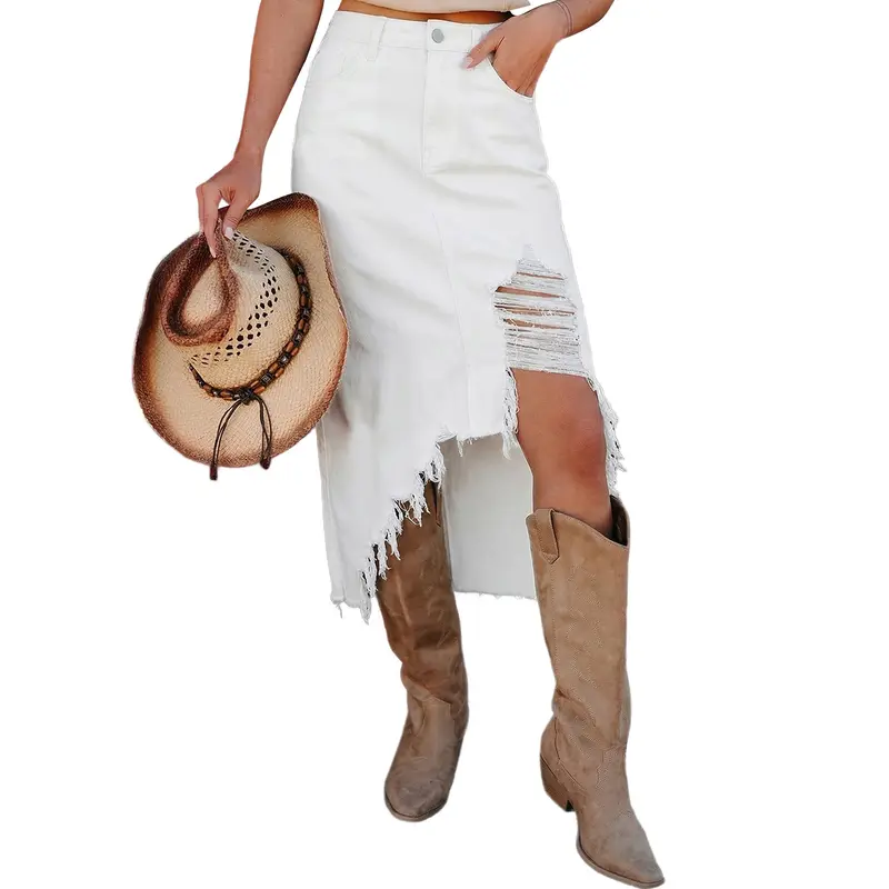 Women's Western-Style Midi Skirt – Asymmetric Slit, Distressed Details, and Raw Hem