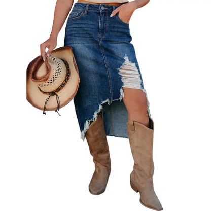 Women's Western-Style Midi Skirt – Asymmetric Slit, Distressed Details, and Raw Hem