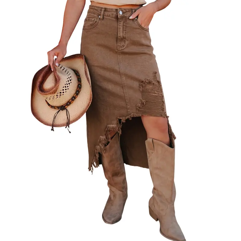 Women's Western-Style Midi Skirt – Asymmetric Slit, Distressed Details, and Raw Hem