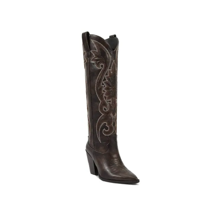 Western Cowgirl Cowboy Knee High Boots with Embroidered Pointed Toe