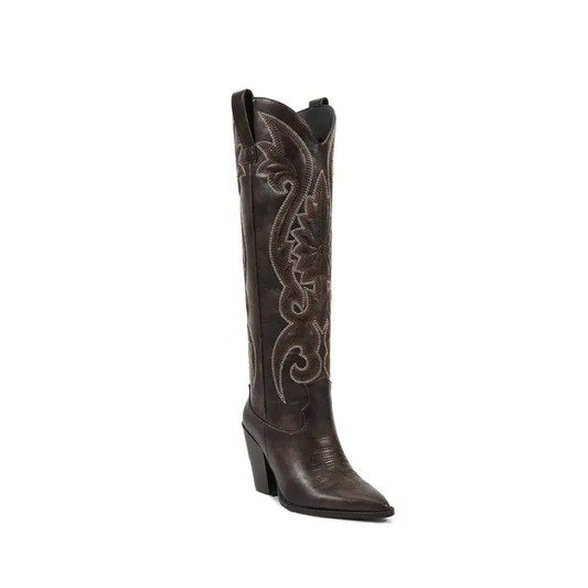 Western Cowgirl Cowboy Knee High Boots with Embroidered Pointed Toe