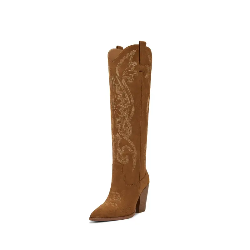 Western Cowgirl Cowboy Knee High Boots with Embroidered Pointed Toe