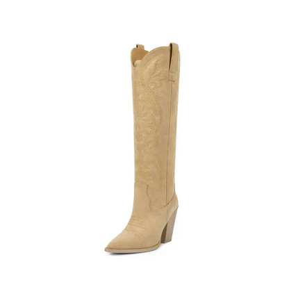 Western Cowgirl Cowboy Knee High Boots with Embroidered Pointed Toe