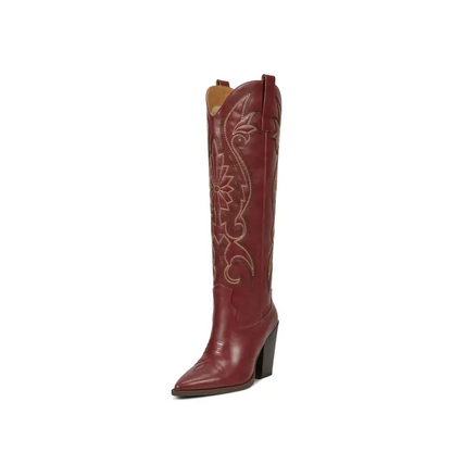 Western Cowgirl Cowboy Knee High Boots with Embroidered Pointed Toe