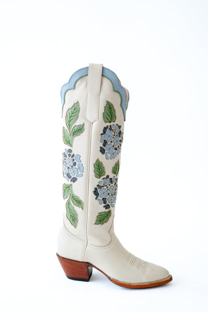 Blue Hydrangea Embroidered Ivory Boots