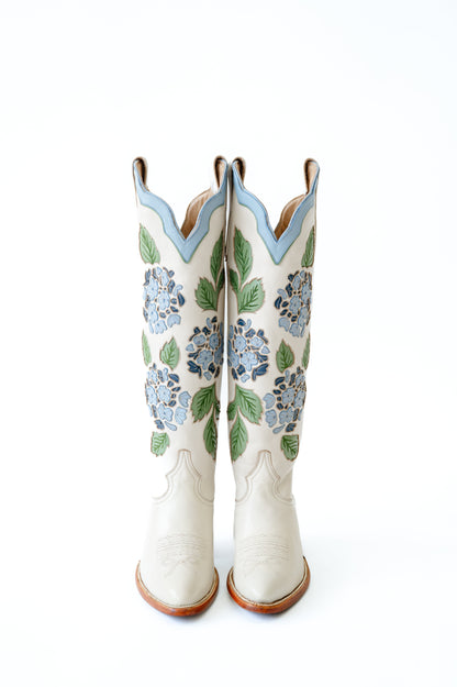 Blue Hydrangea Embroidered Ivory Boots
