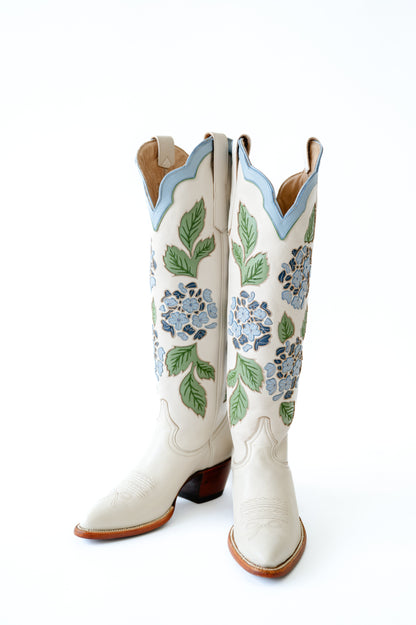 Blue Hydrangea Embroidered Ivory Boots