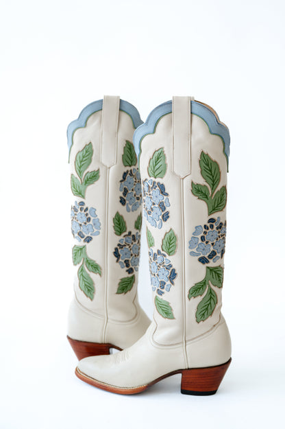 Blue Hydrangea Embroidered Ivory Boots