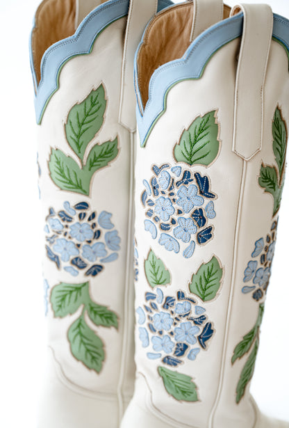 Blue Hydrangea Embroidered Ivory Boots