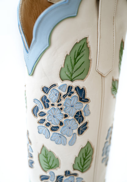 Blue Hydrangea Embroidered Ivory Boots