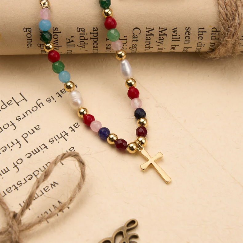 Colorful Beaded Necklace with Simple Cross Pendant