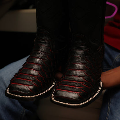Jumbo Black Cherry Python Leather Boots - Square Toe