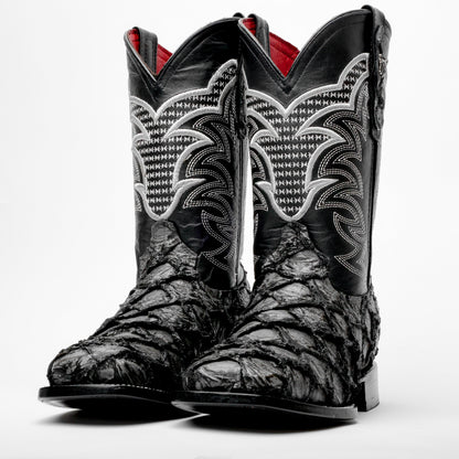 Grey Jumbo Pirarucu Leather Boots - Square Toe