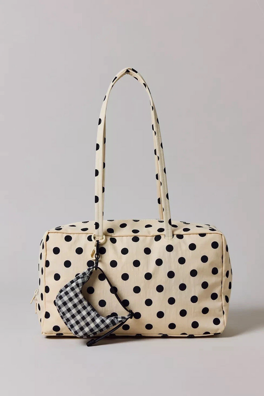 Medium Nylon Bowler Bag White With Black Polka Dot