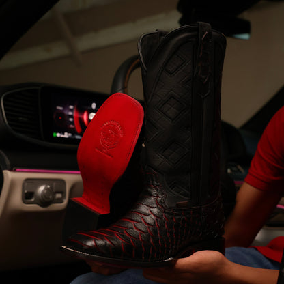 Jumbo Black Cherry Python Leather Boots - Square Toe