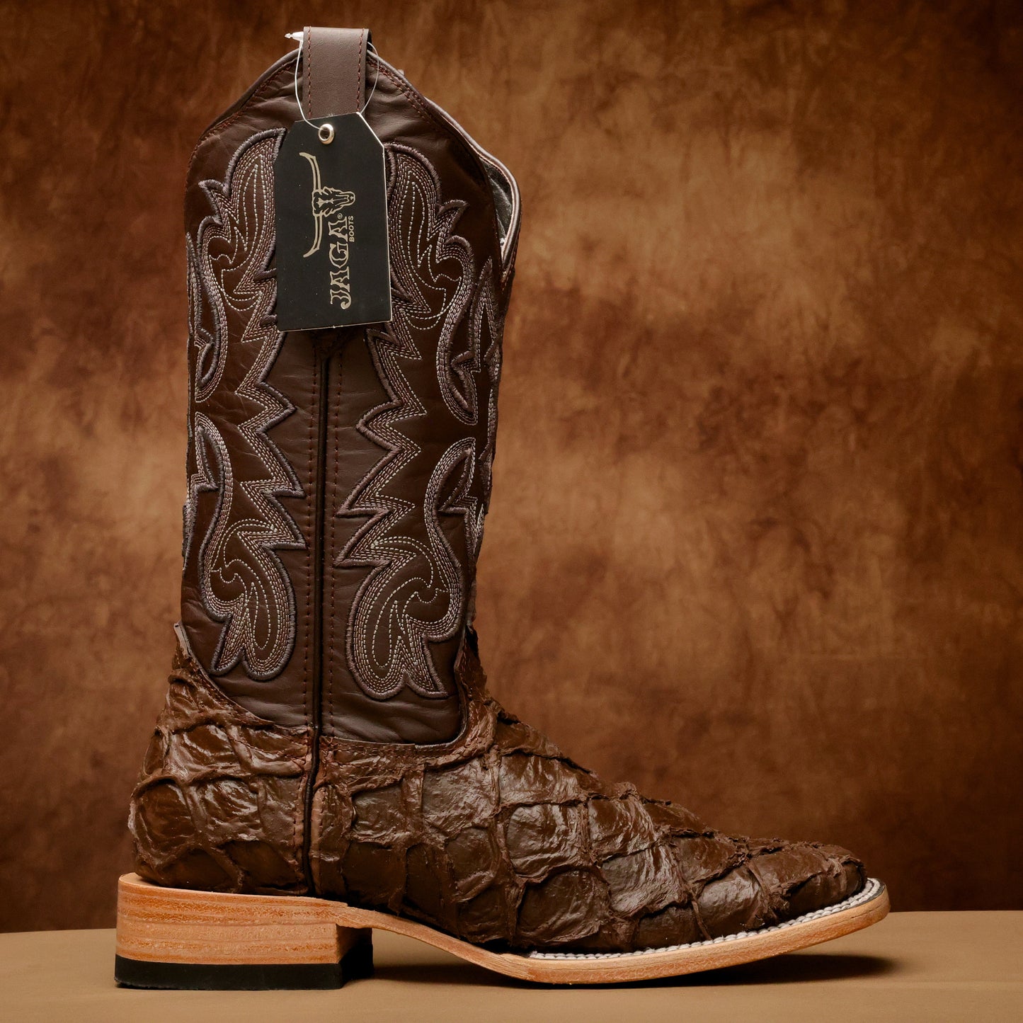 Matte Brown Jumbo Pirarucu Leather Boots - Square Toe