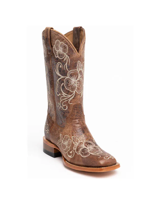 Floral Embroidered Western Boots - Broad Square Toe