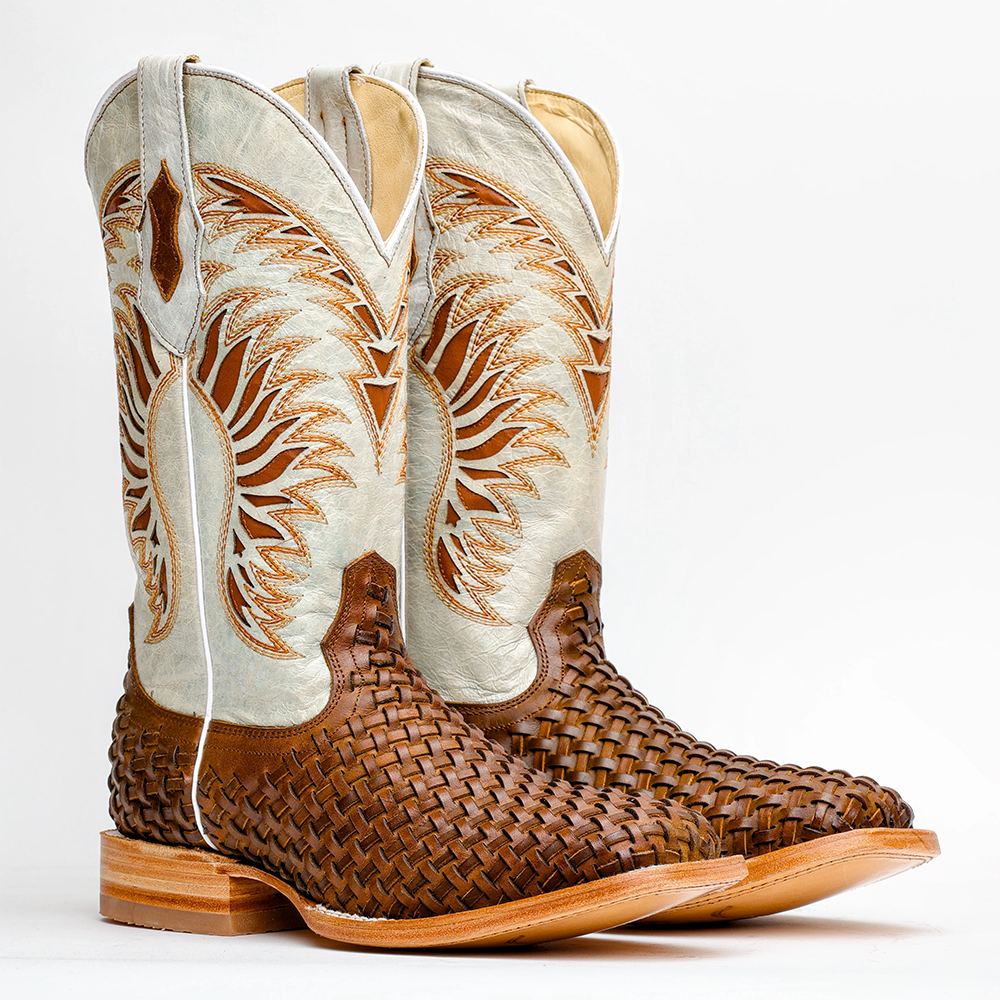 Tan Basketweave Leather Boots - Square Toe