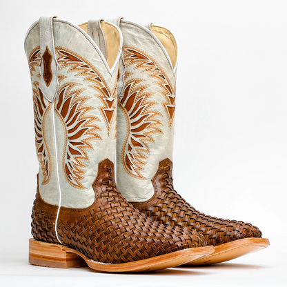 Tan Basketweave Leather Boots - Square Toe
