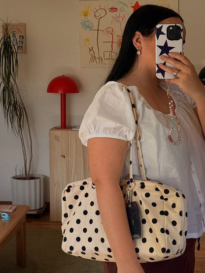 Medium Nylon Bowler Bag White With Black Polka Dot