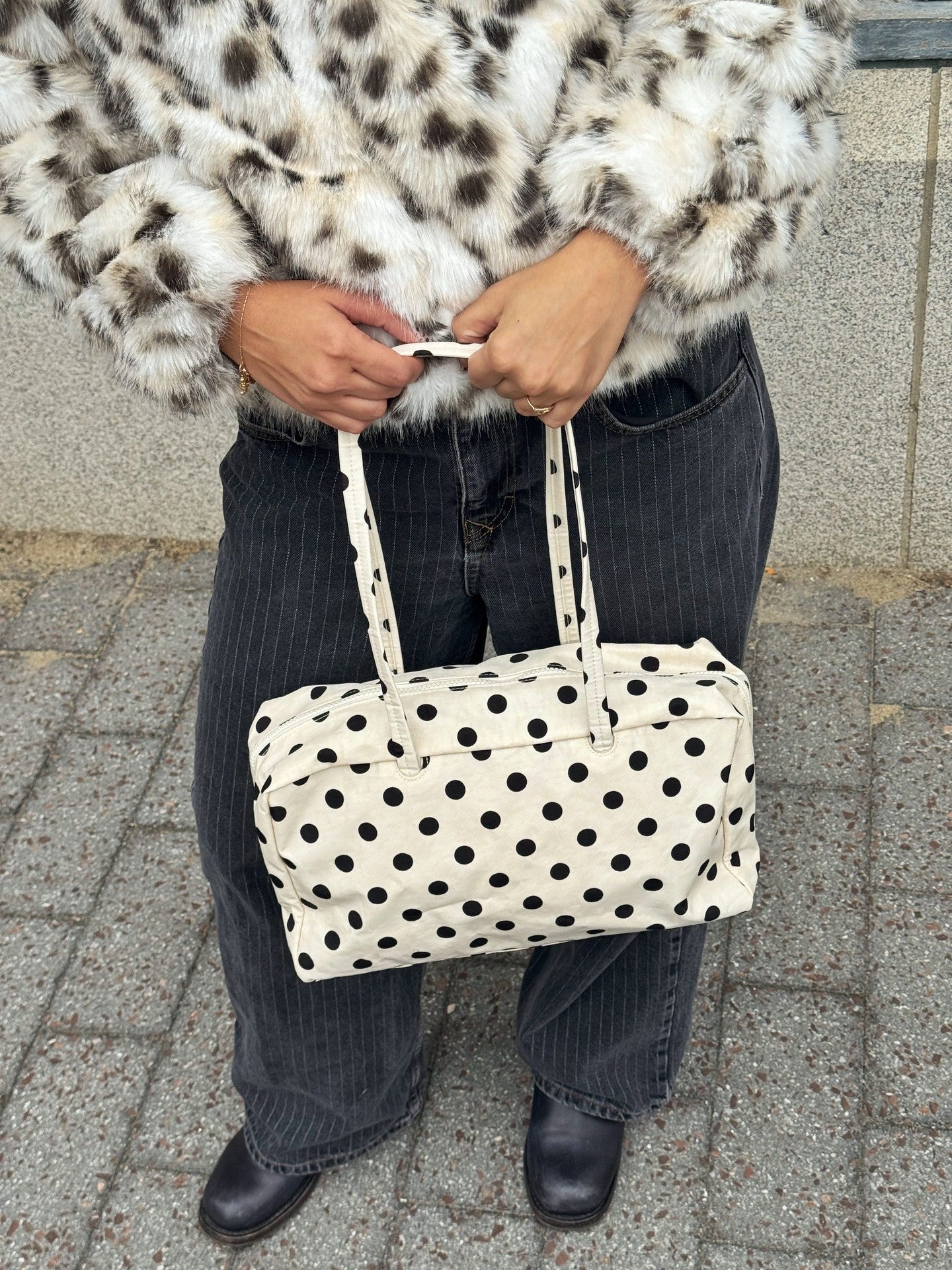 Medium Nylon Bowler Bag White With Black Polka Dot