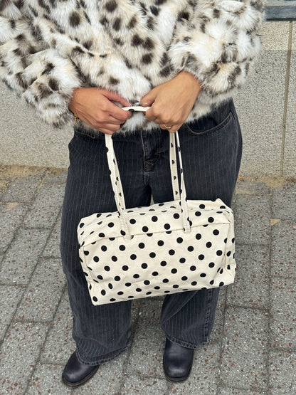 Medium Nylon Bowler Bag White With Black Polka Dot